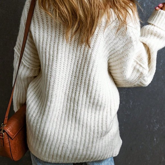 White Casual Womens Solid Drop Shoulder Ribbed Knit Sweater - Picture 2 of 5